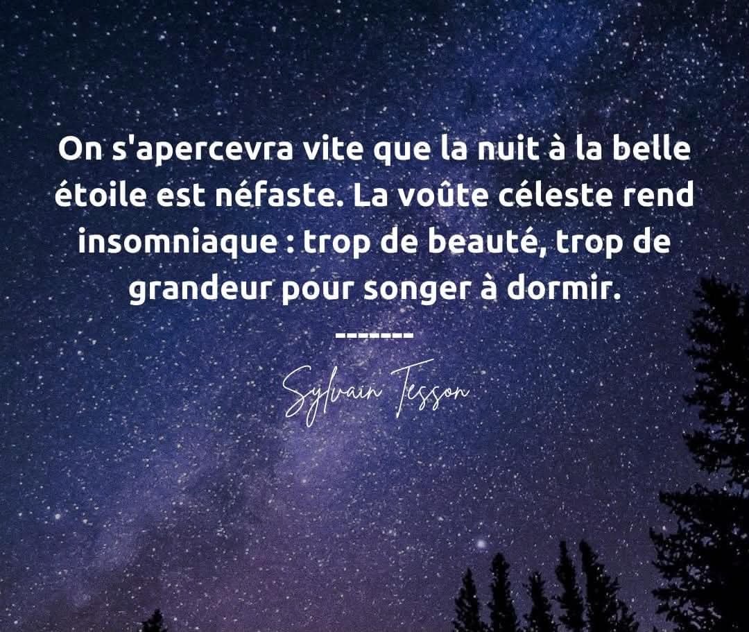 Citation de Sylvain Tesson sur un ciel étoilé : « On s'apercevra vite que la nuit à la belle étoile est néfaste. La voûte céleste rend insomniaque : trop de beauté, trop de grandeur pour songer à dormir. »