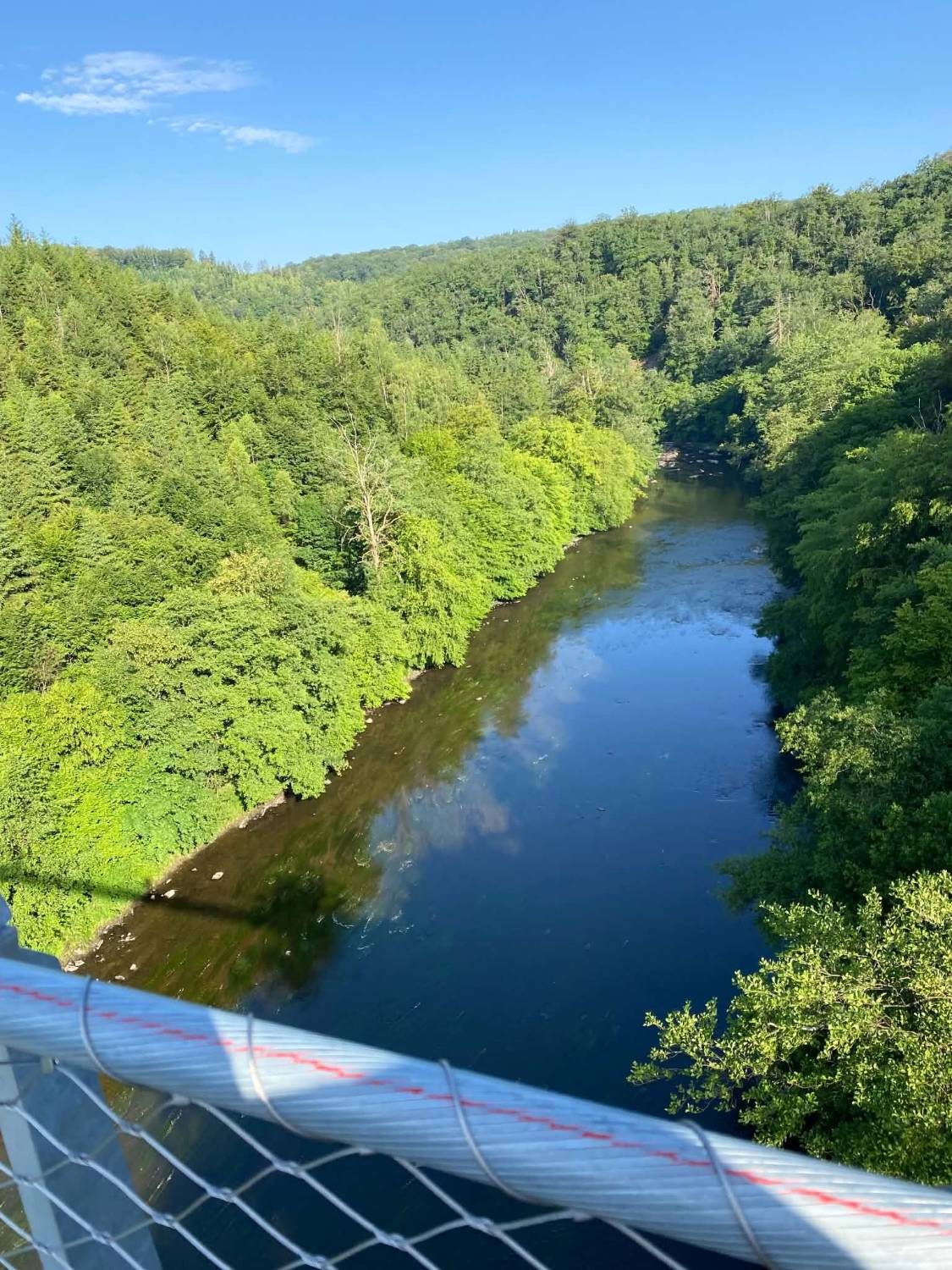 La Semois vue d'en haut depuis la passerelle de Sainte-Cécile, entre deux versants boisés